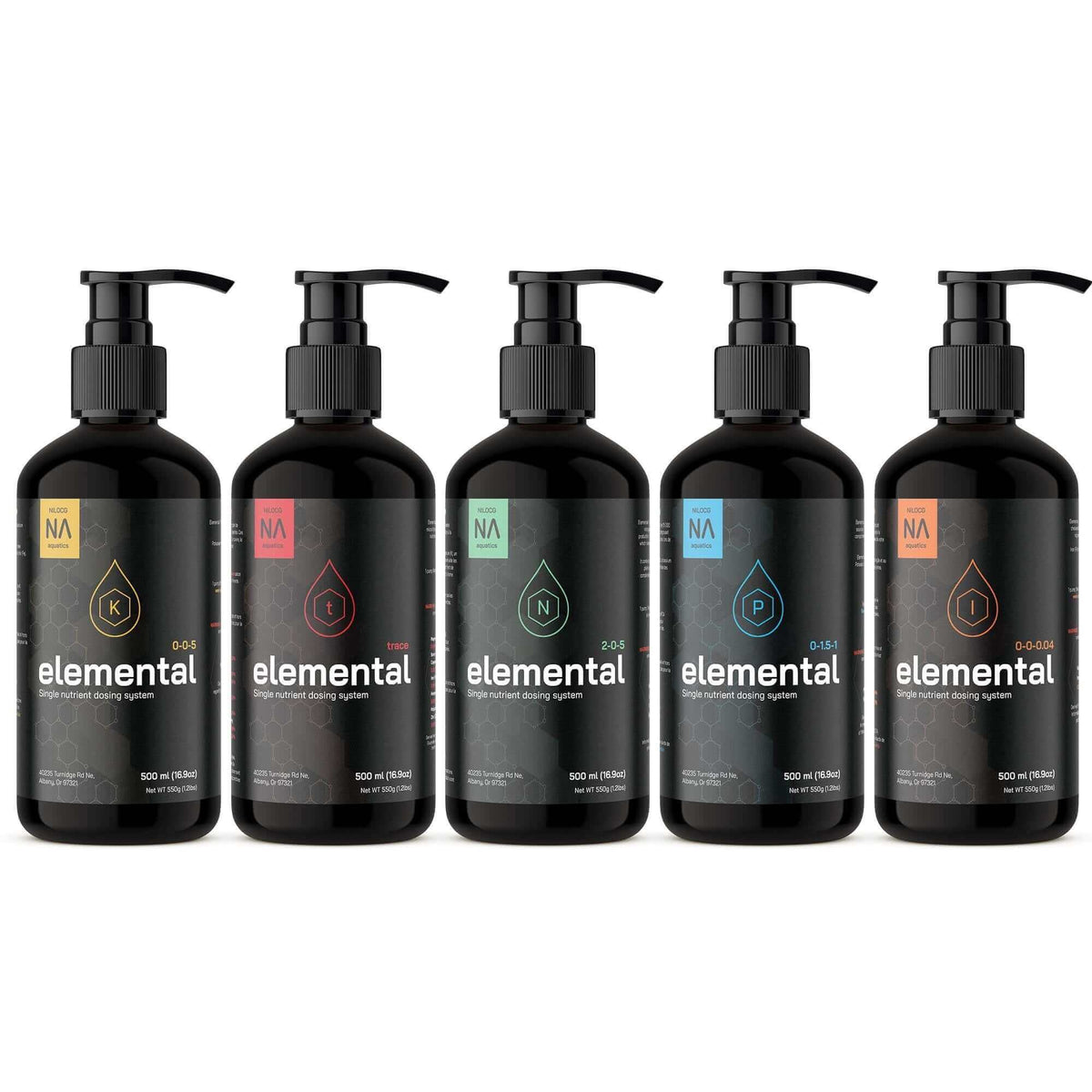 Photograph of five NilocG Elemental bottles: potassium, trace elements, nitrogen, phosphorus and iron.