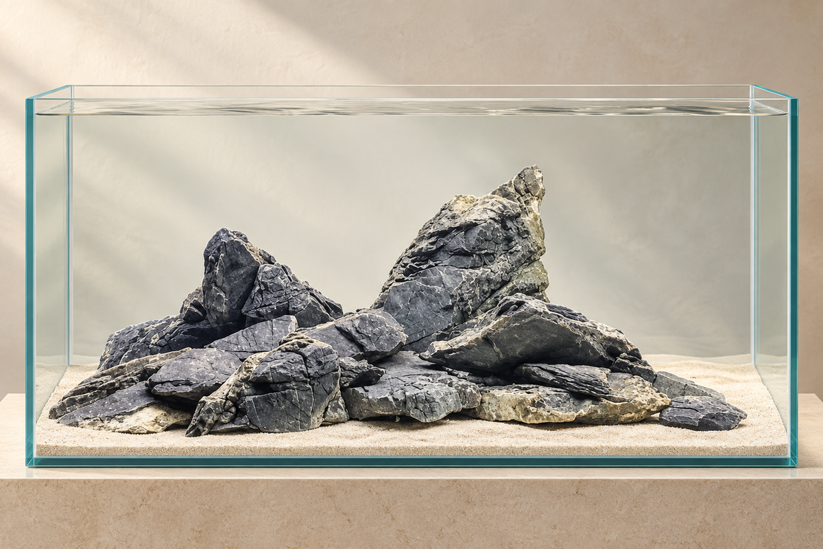 Illustration of Ancient Stone set no. 02 on beige sand in a 36 × 18 × 18 inch aquarium