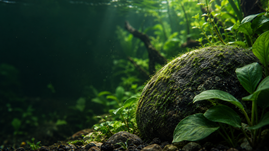 AI-generated editorial illustration of algae on a stone in a planted freshwater aquarium.