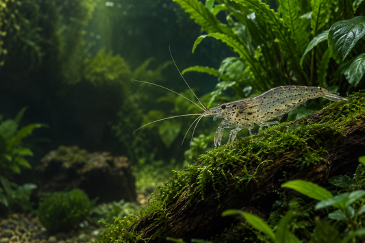 AI editorial illustration of an Amano shrimp on moss-covered wood in a planted aquarium
