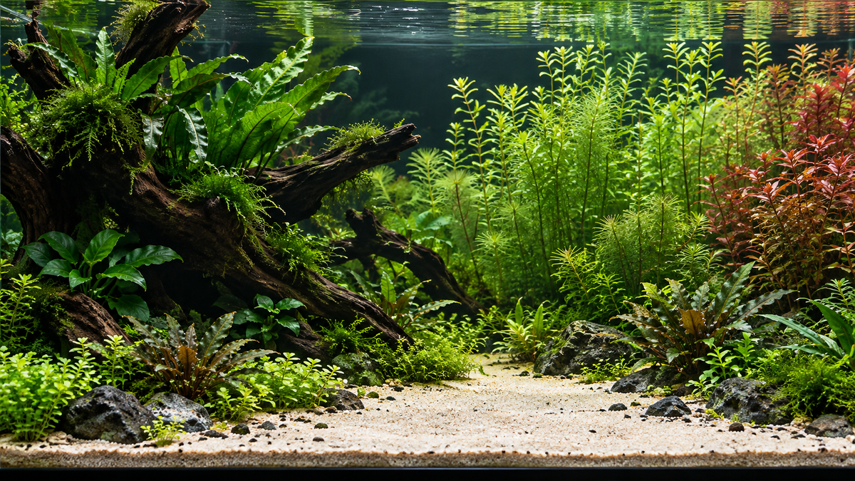 
illustration of a planted aquarium with wood, green foliage and open sand.