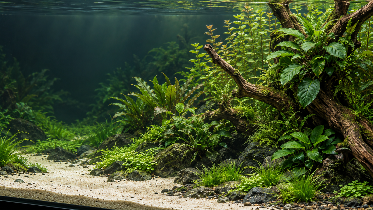 
illustration of a planted aquarium with wood, green foliage and open sand.