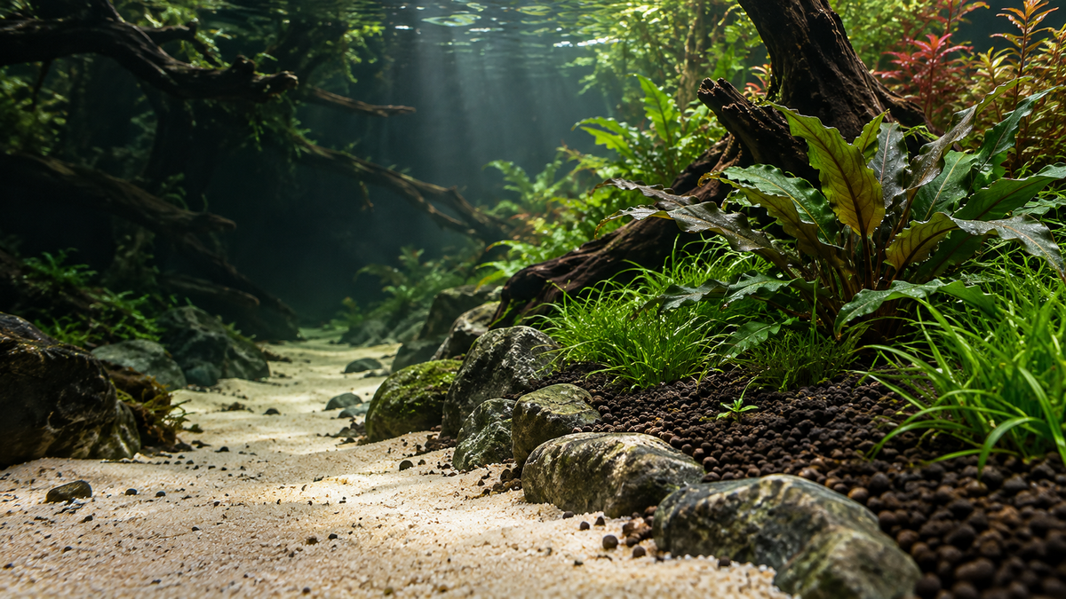 Editorial illustration of a planted aquarium with a pale sand path beside dark aquasoil.