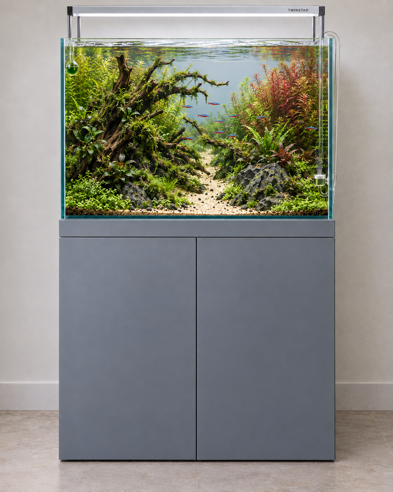 Planted aquarium with green and red plants, fish, an LED light and a grey cabinet.