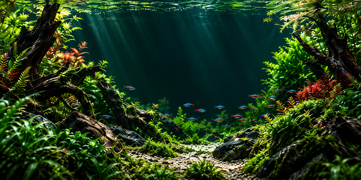 A planted aquarium with natural rockwork and an open swimming area.