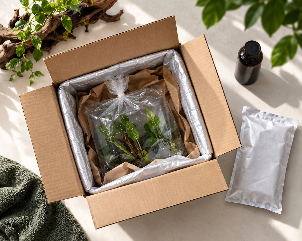 Illustration of aquatic plants packed in an insulated box for winter shipping.